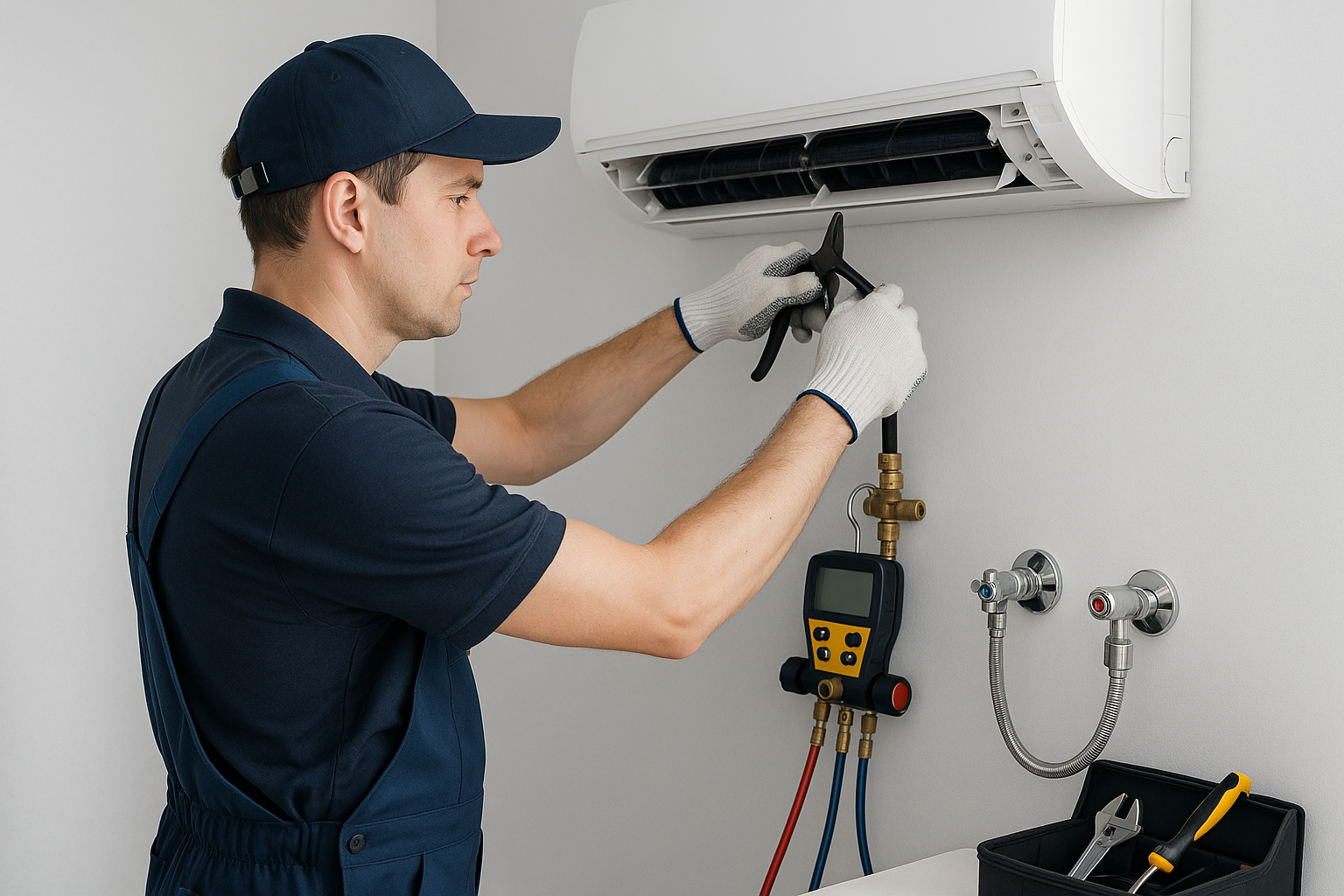 Technician performing preventive maintenance on air conditioning and plumbing systems in a Dubai apartment setting, highlighting apartment AMC benefits.