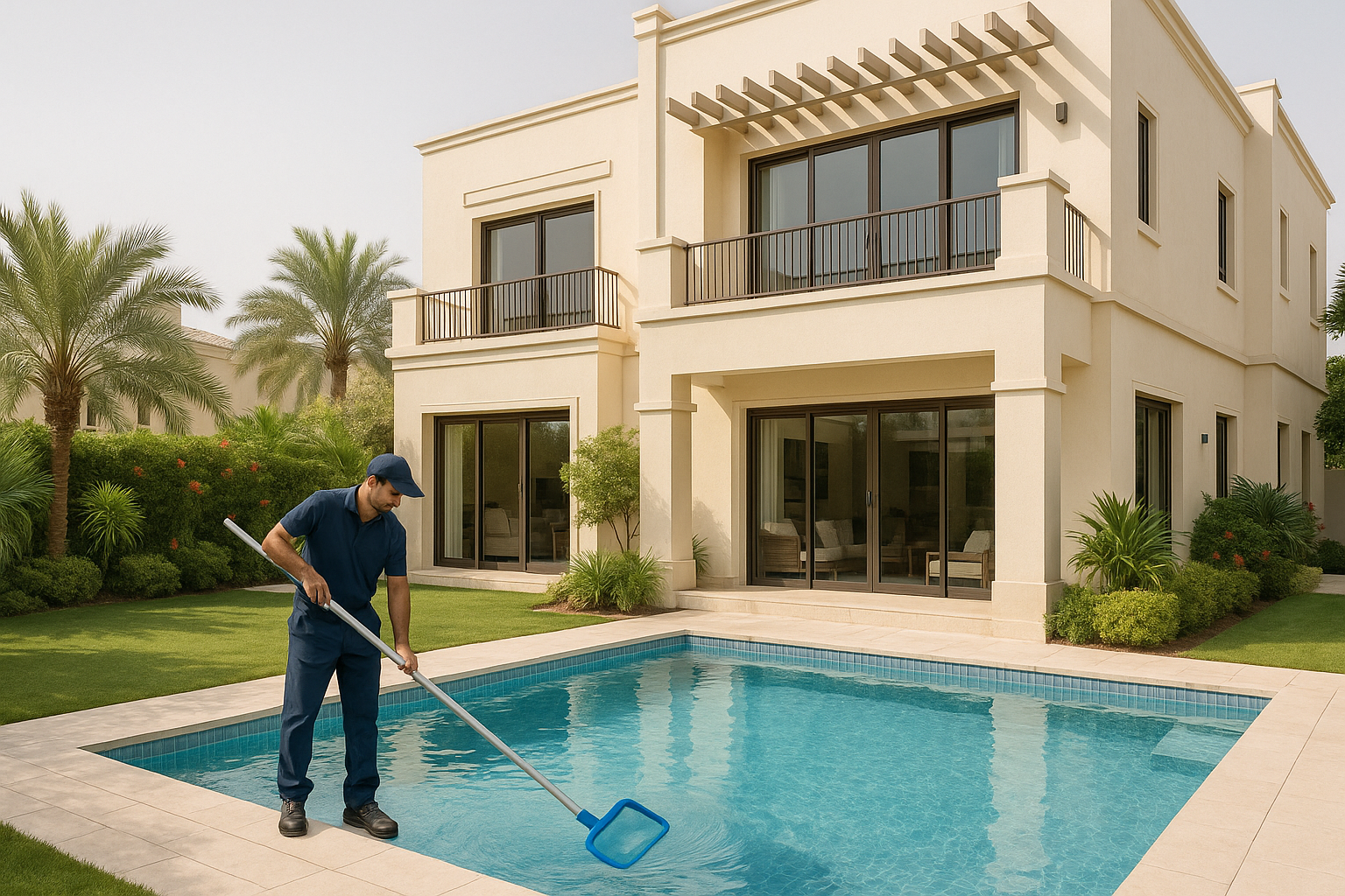 Technician providing maintenance services to swimming pool and garden at a Dubai villa, illustrating villa AMC best practices.