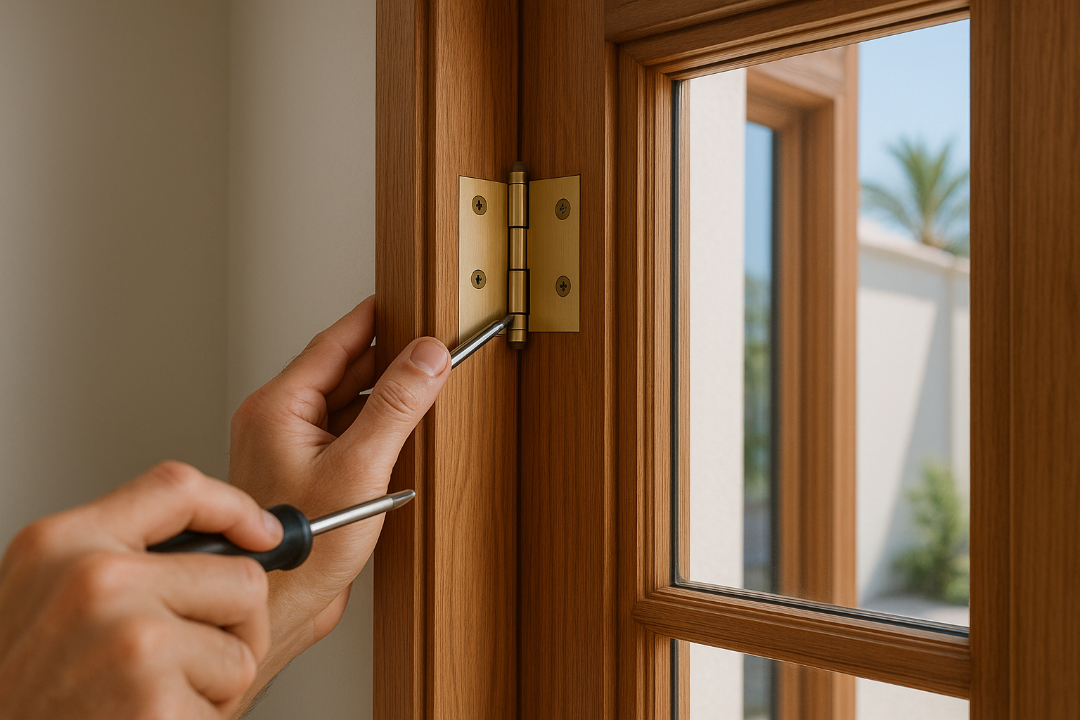 Close-up image of carpentry maintenance on a wooden door and window frame in a Dubai villa, highlighting skilled craftsmanship and wood care.