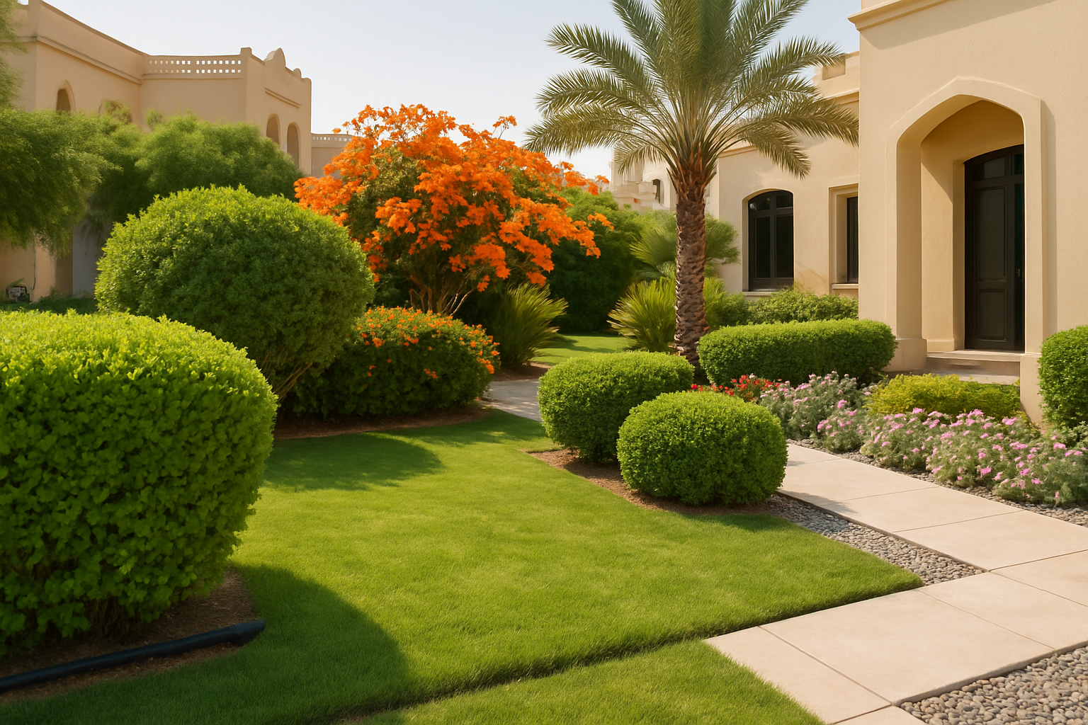 Photo of a professionally maintained Dubai villa garden showcasing trimmed greenery, irrigation system, and clean pathways representing landscaping services.