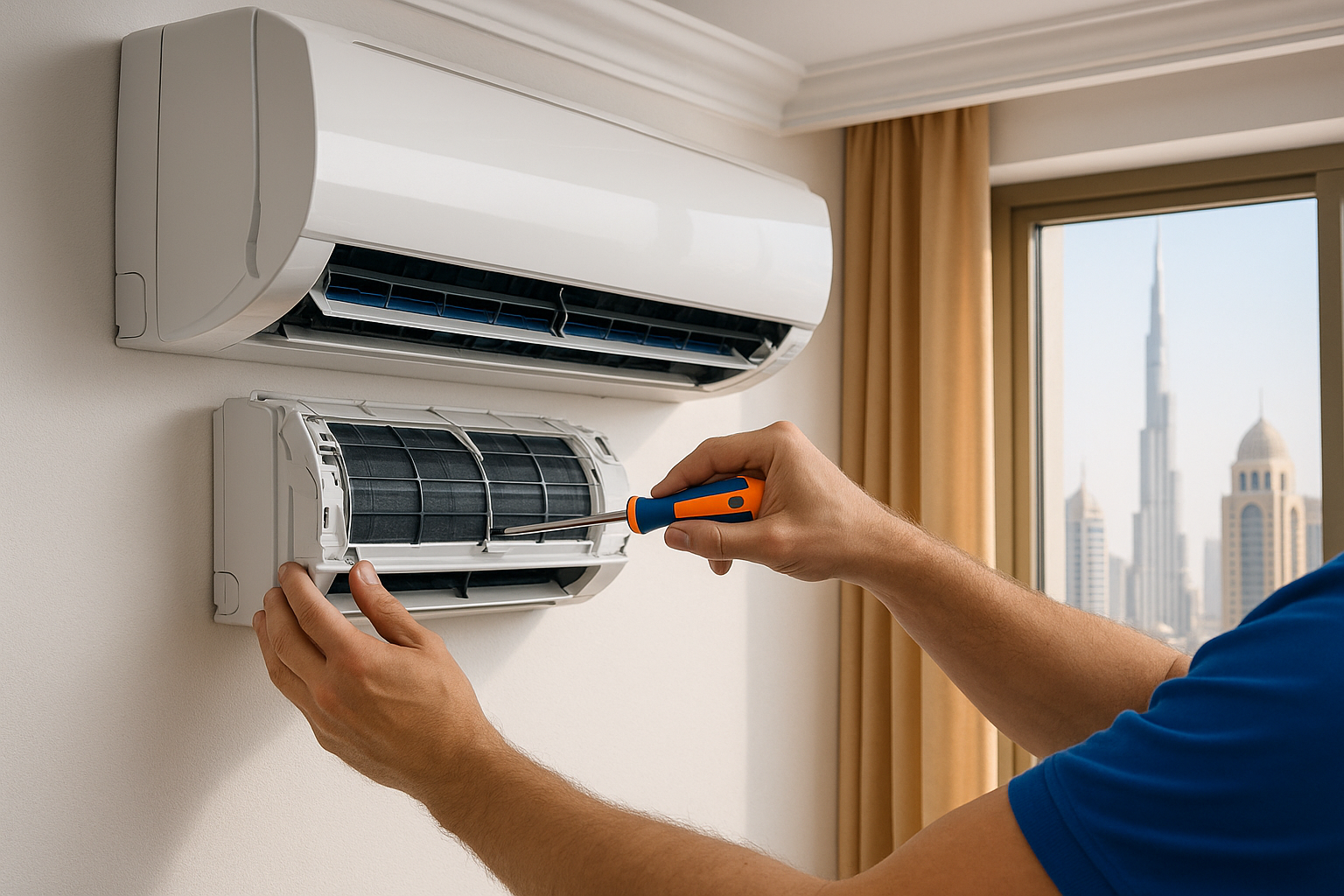 Technician servicing a modern air conditioning unit inside a Dubai apartment with tools in hand and clean bright interior background.