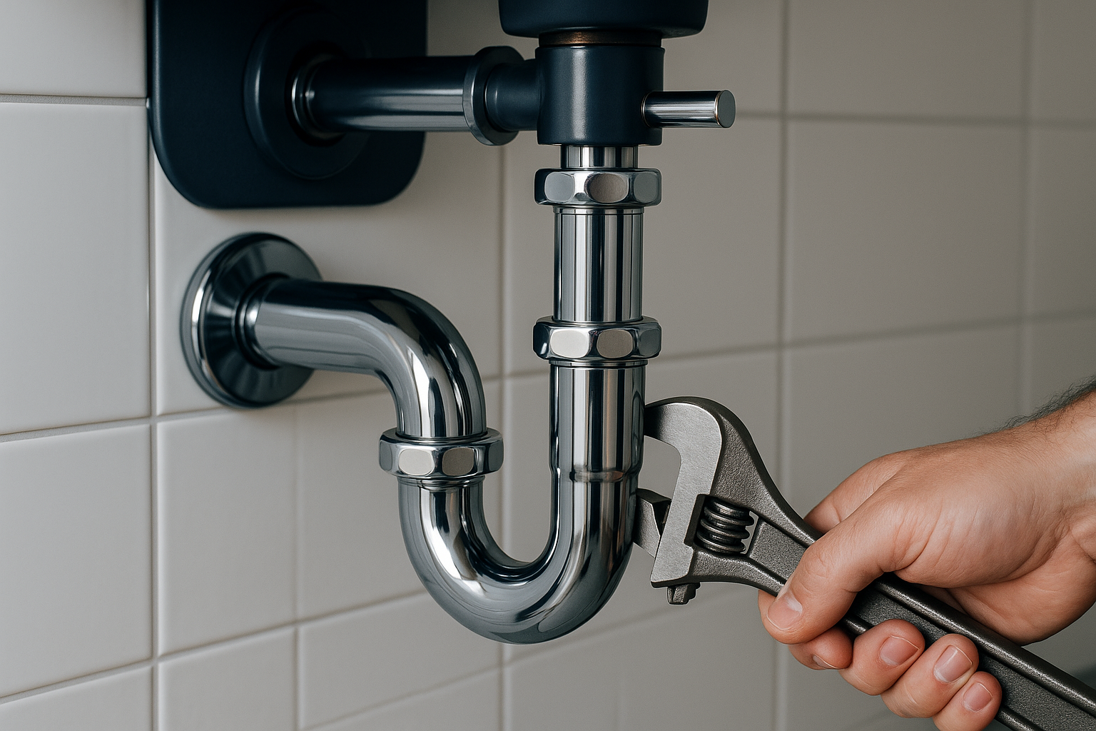 Close-up view of plumbing maintenance work with wrench on metal pipes and faucet fixtures in a Dubai apartment bathroom