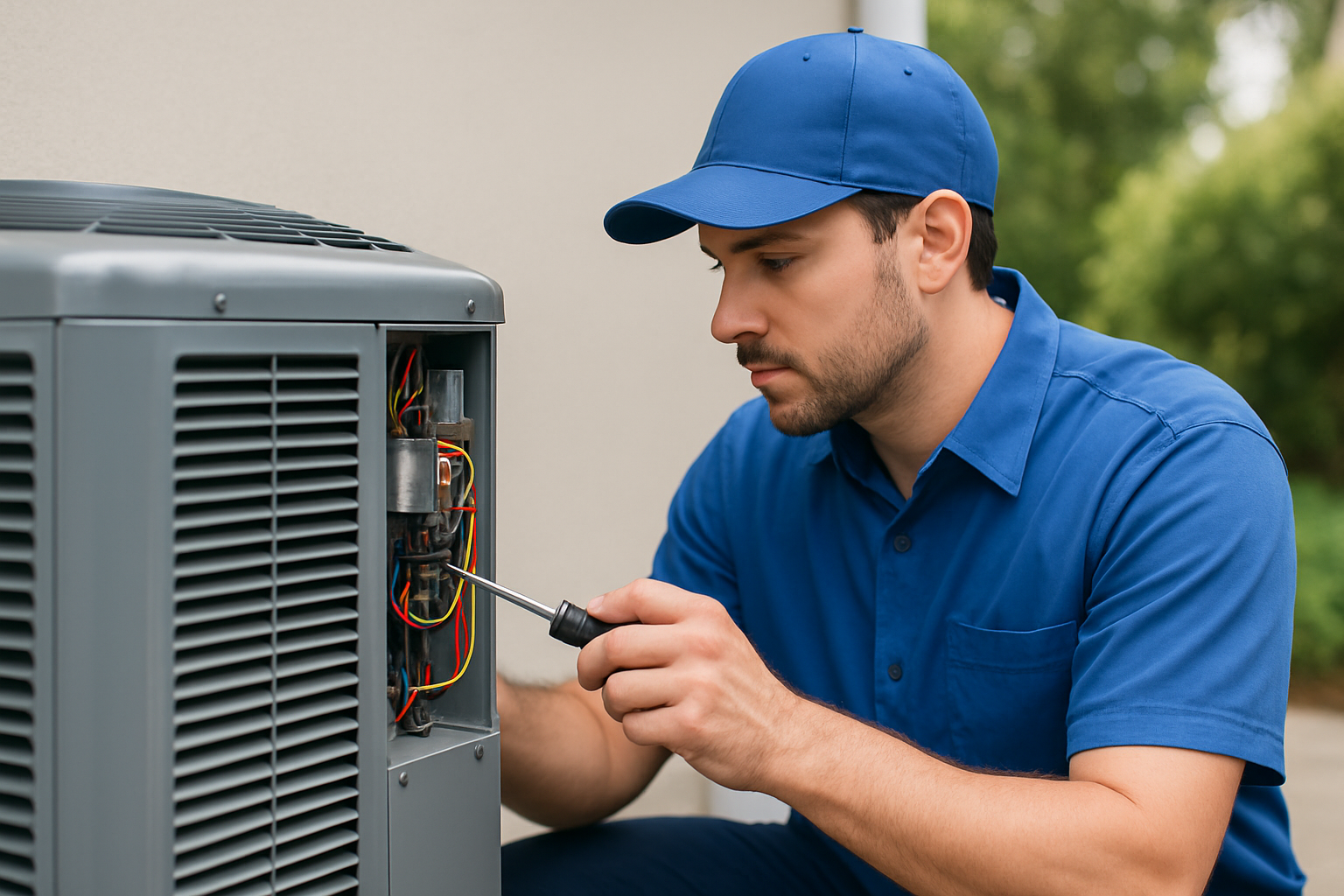 Technician inspecting a residential air conditioning unit outdoors with natural daylight, representing AC maintenance services in Dubai residences