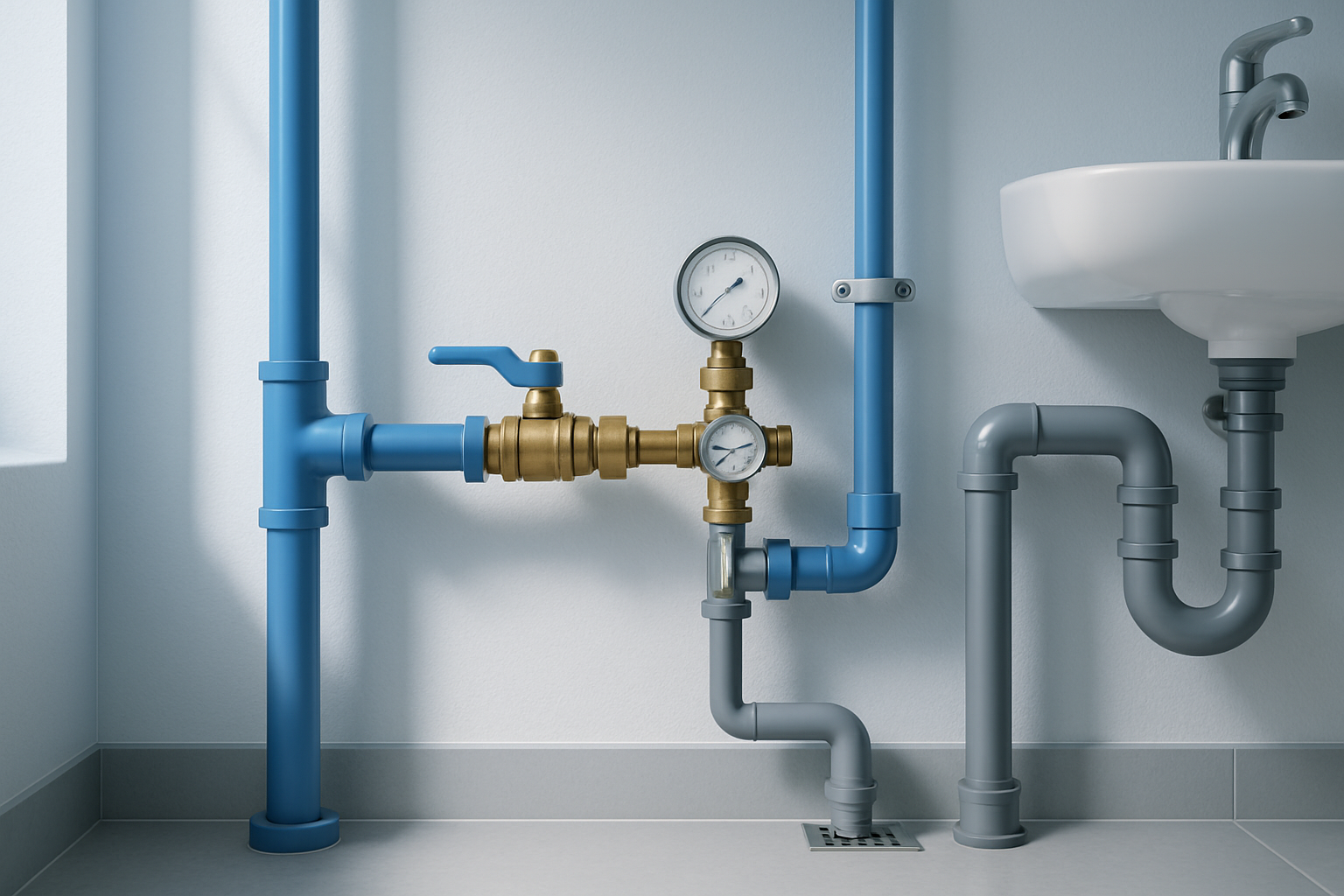 Close-up view of a well-maintained residential indoor plumbing system with pipes and valves, illustrating plumbing maintenance for homes in Dubai