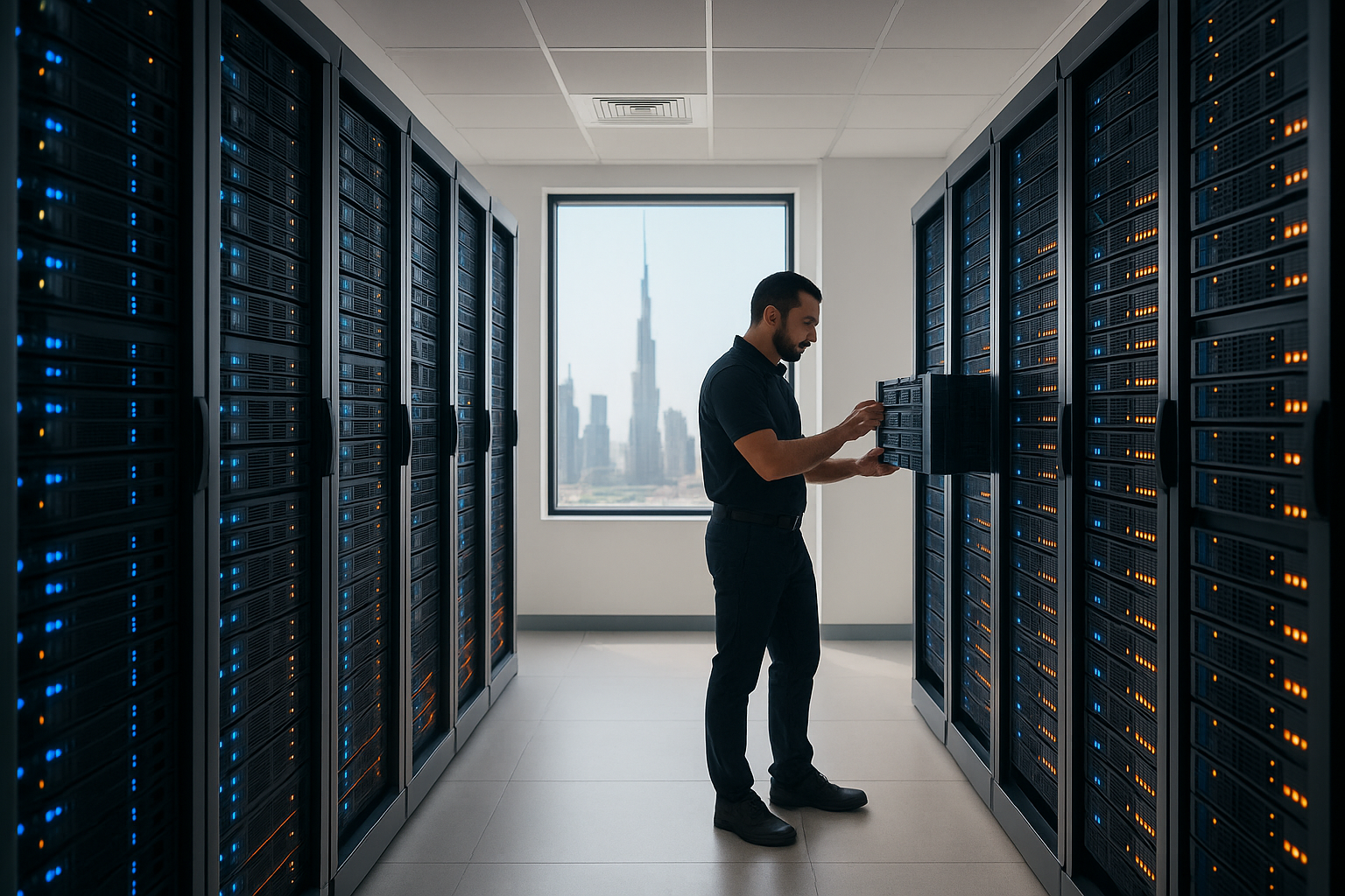 Professional technician performing maintenance in a modern Dubai office server room with network hardware and LED indicators