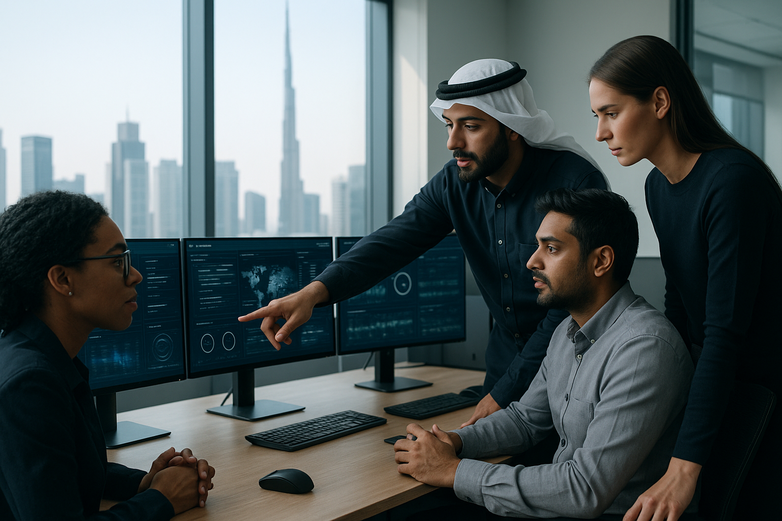 Diverse IT support team in Dubai office collaboratively monitoring cybersecurity systems and network performance