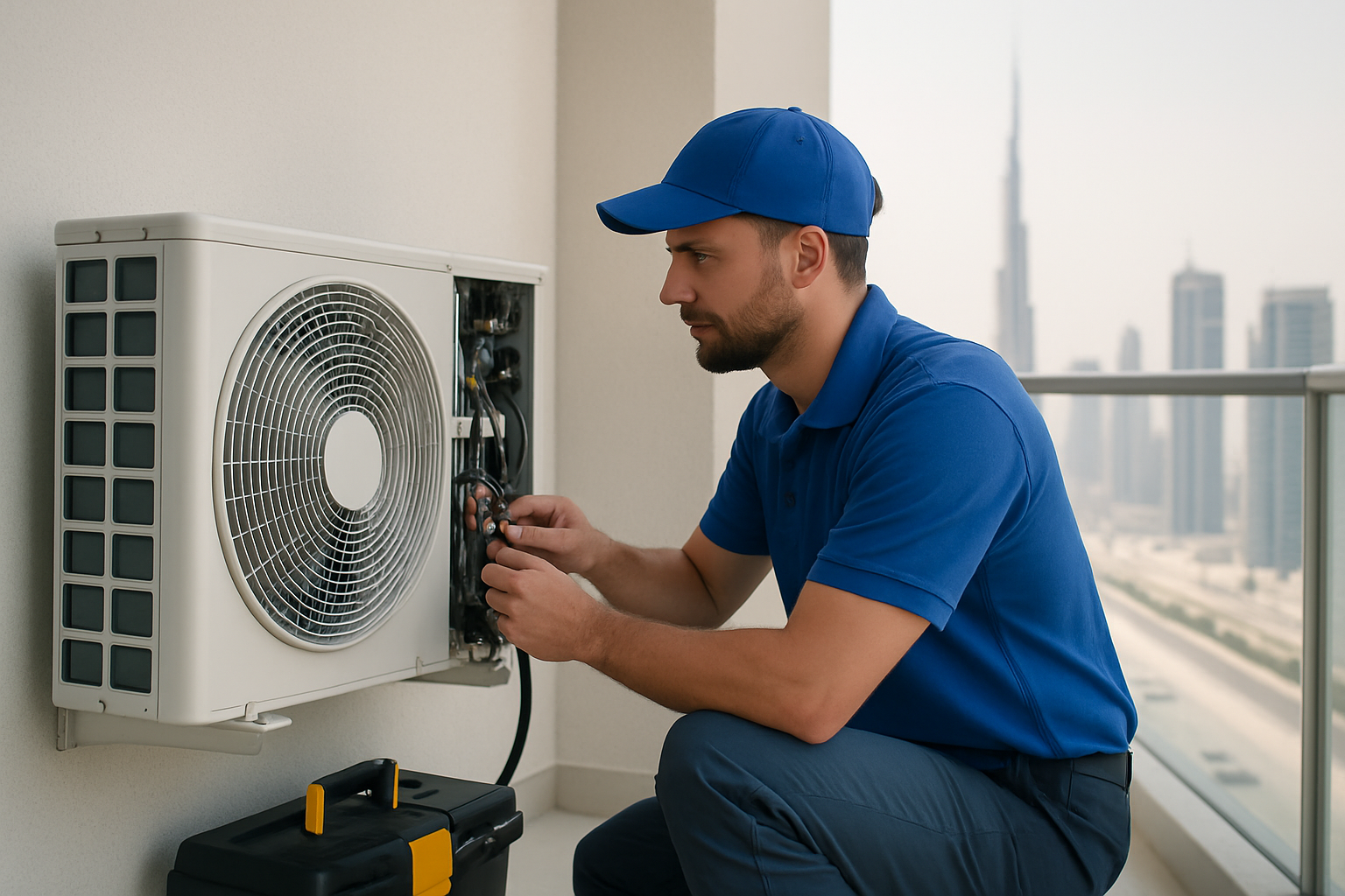 Building maintenance technician servicing air conditioning unit on apartment balcony in Dubai for AMC preventive maintenance