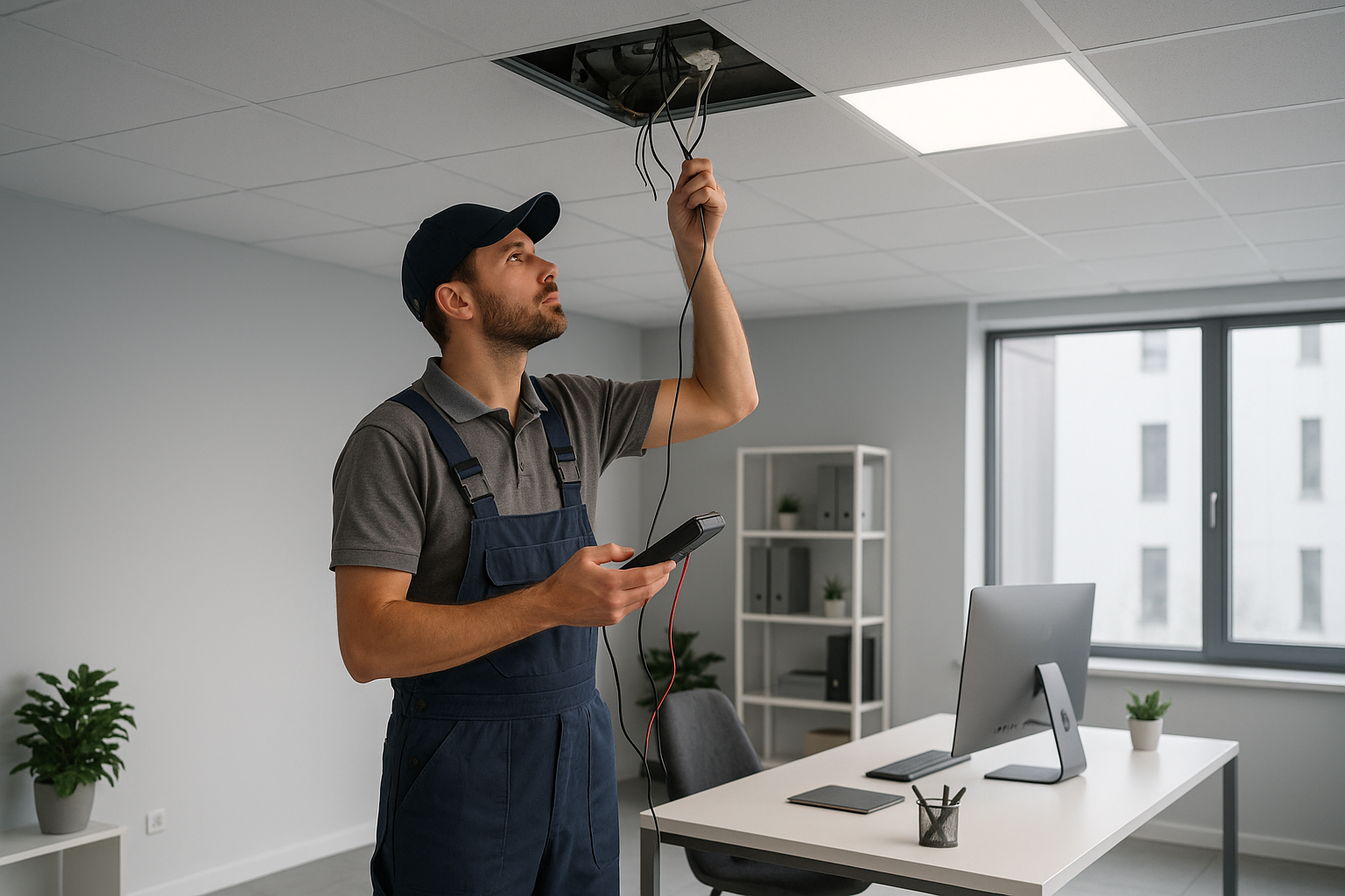 Professional technician inspecting electrical and lighting systems in a modern Dubai office as part of AMC property maintenance