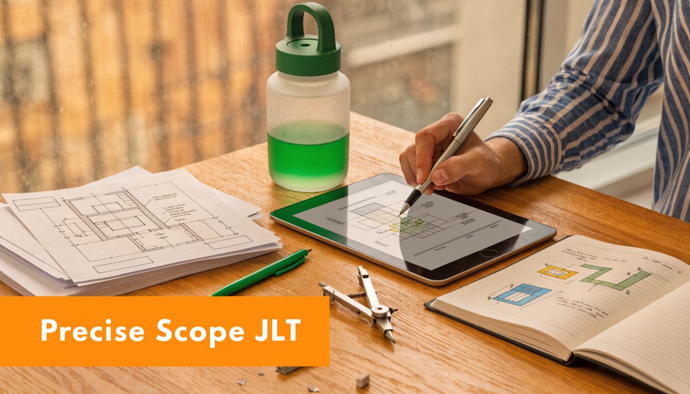 An architect works on building blueprints using a digital tablet, pen, and compass on a wooden desk.