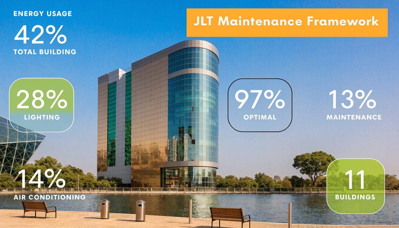 A modern building with text overlays showing building maintenance statistics including energy usage and optimal efficiency percentages.