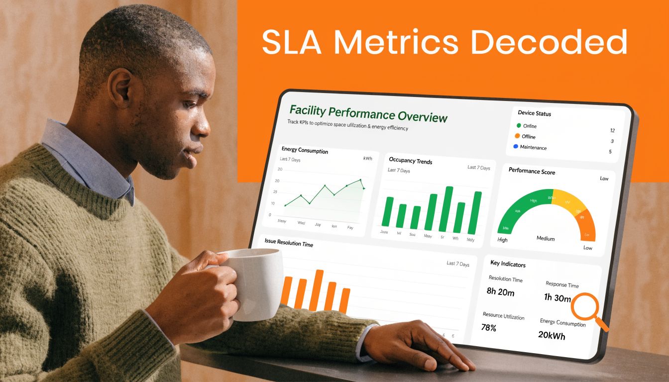 A professional man reviewing a digital dashboard displaying facility performance analytics, energy consumption, and maintenance status reports.