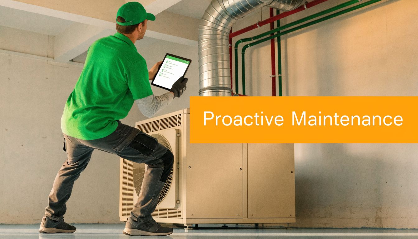 A technician wearing a green uniform performs proactive maintenance on an industrial HVAC unit using a tablet.