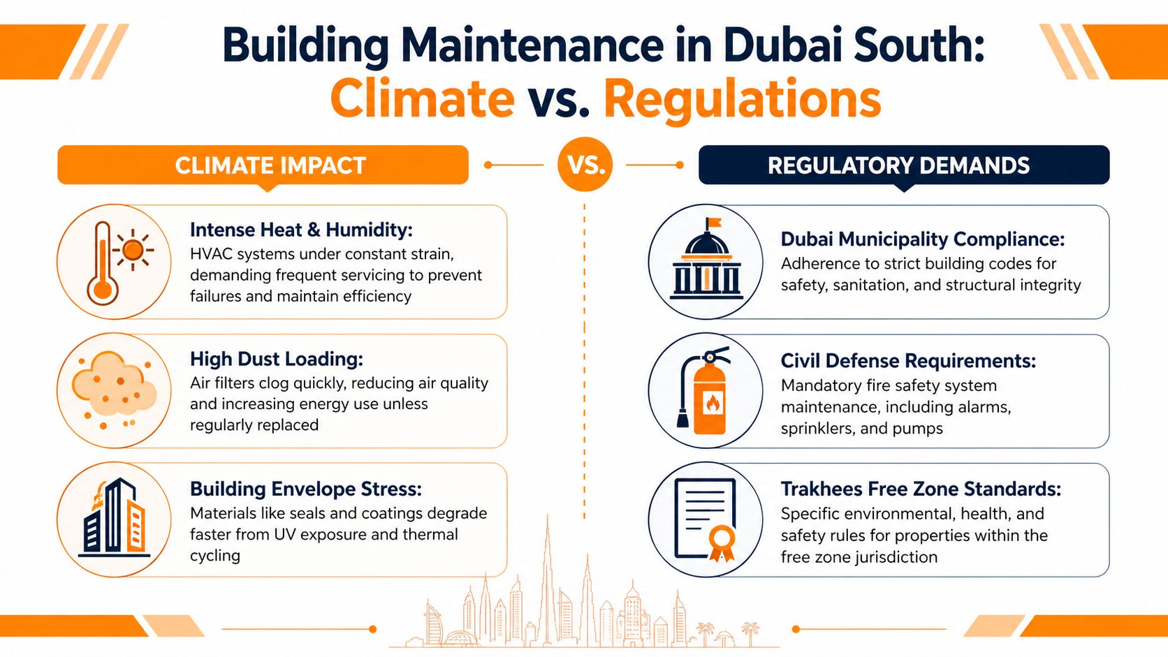 An infographic titled Building Maintenance in Dubai South explaining climate impacts versus regulatory demands for properties.