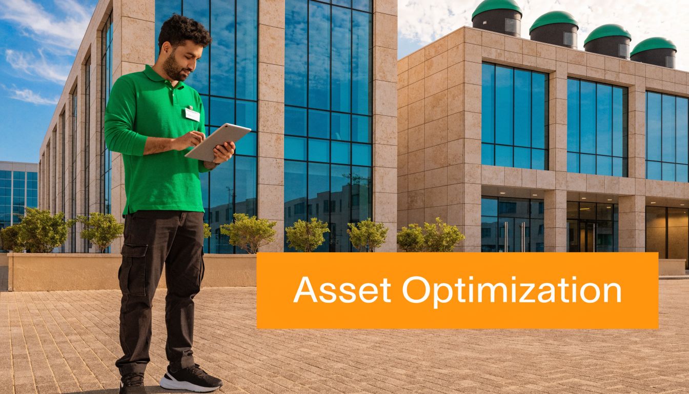 A professional maintenance technician stands in front of a modern commercial building while using a digital tablet.
