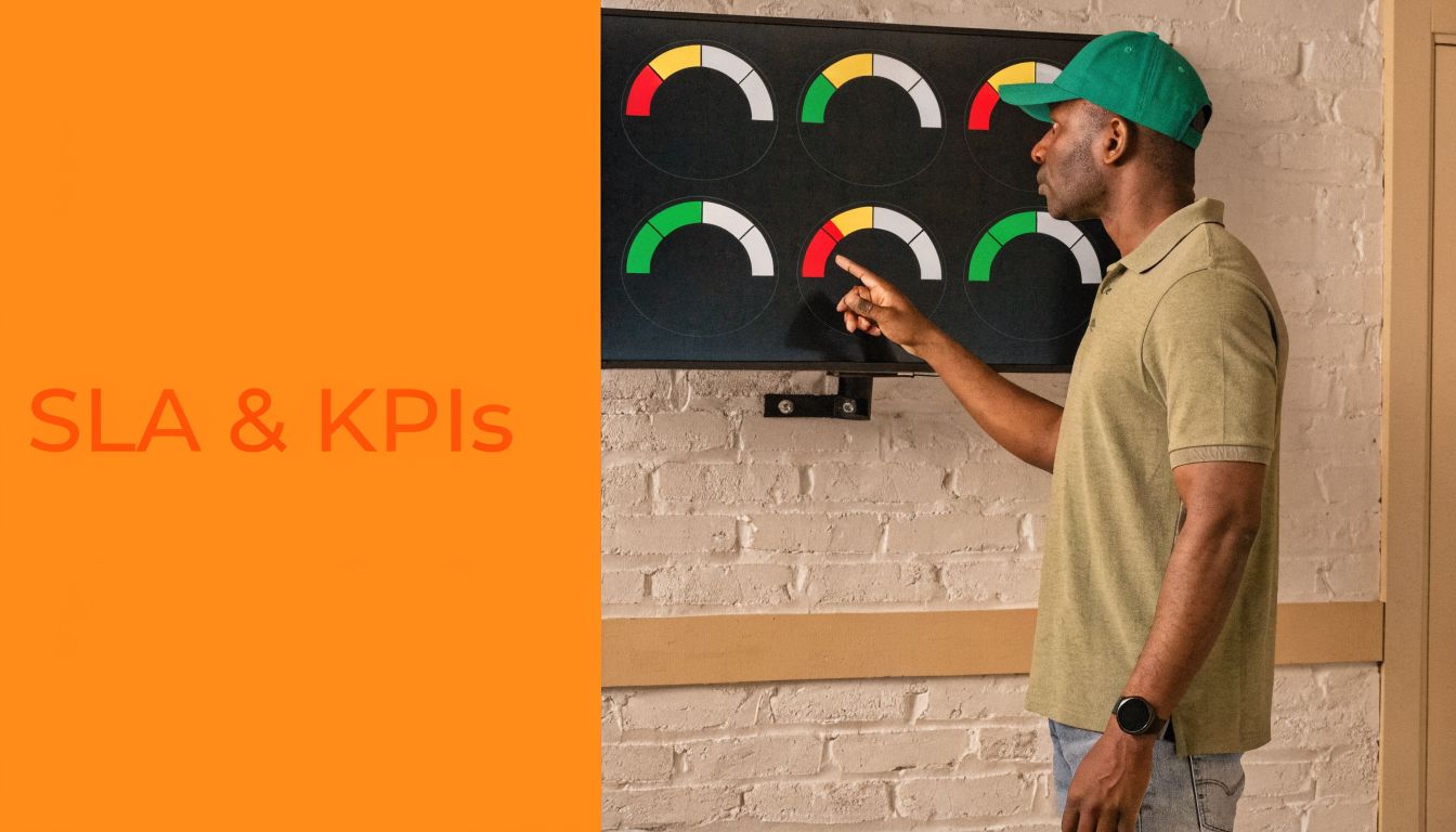 A technician wearing a green cap pointing at a digital dashboard showing performance gauges on a wall.