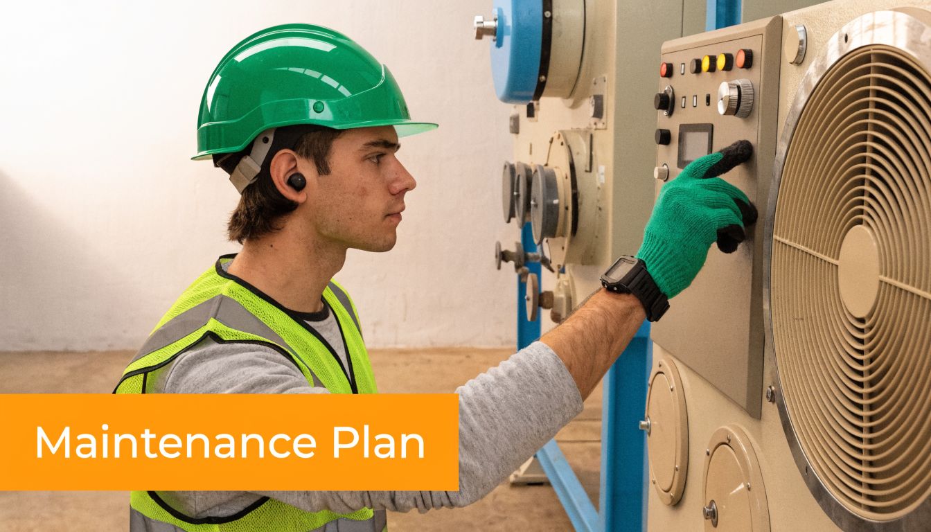 A technician wearing a green hard hat and safety vest performs maintenance on industrial equipment.