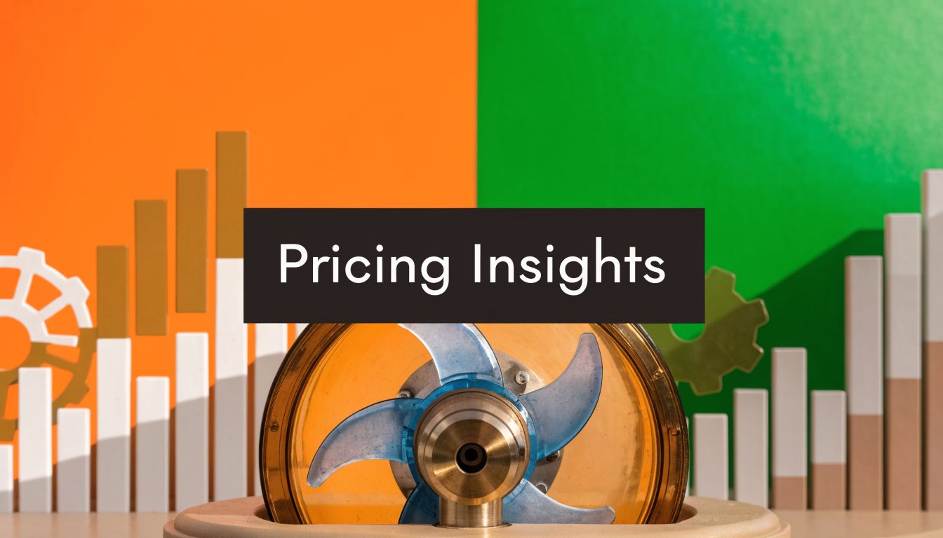 A mechanical fan sits in front of a chart with orange and green backgrounds representing pricing insights.