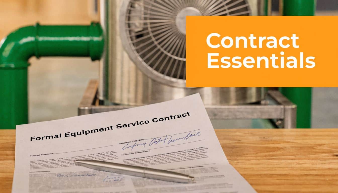 A formal equipment service contract document sits on a wooden desk with a metallic pen nearby.