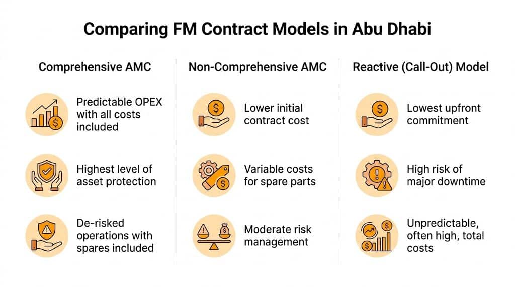 A comparison chart outlining three facilities management contract models available in Abu Dhabi: Comprehensive, Non-Comprehensive, and Reactive.