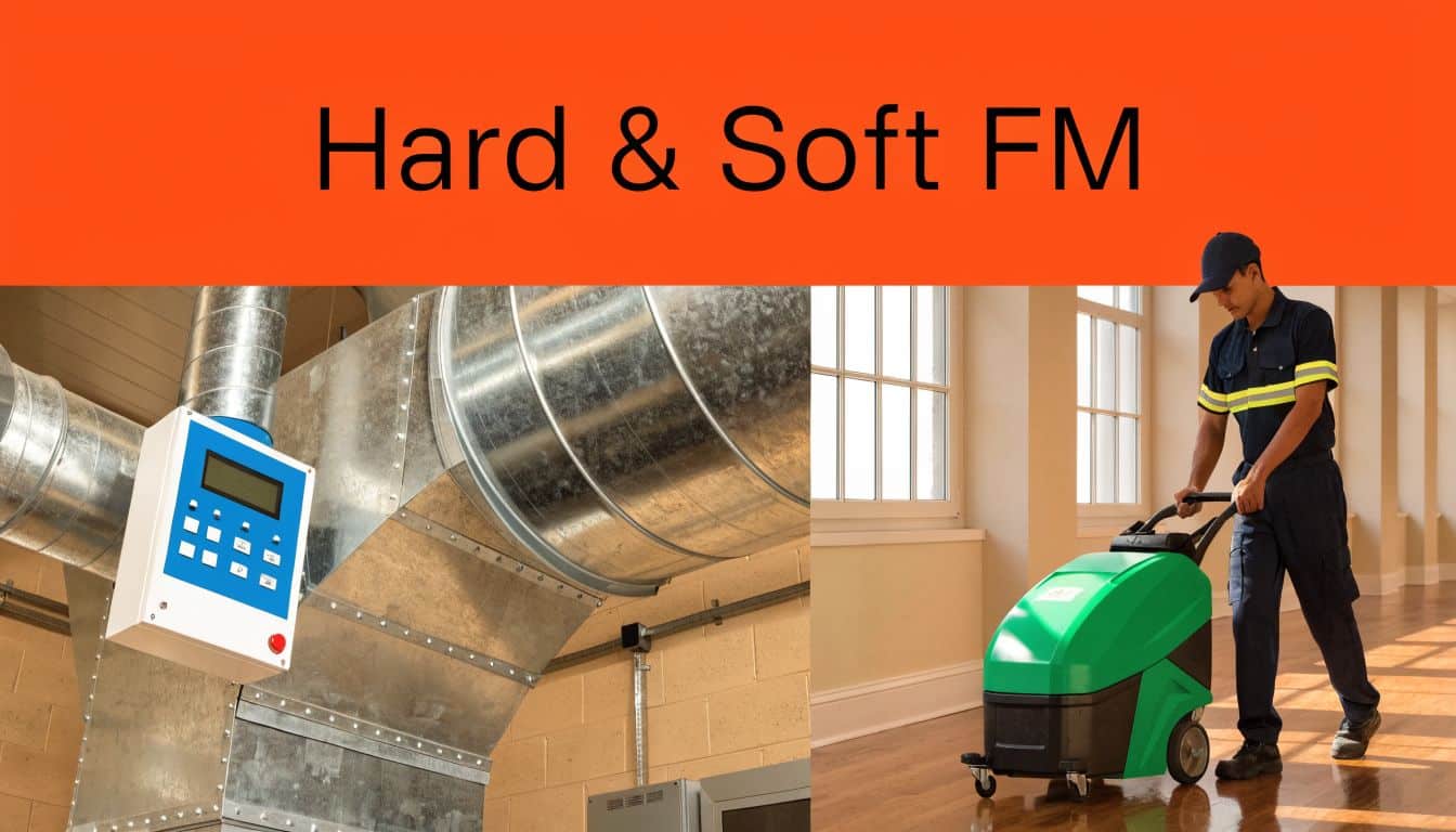 A split-screen image showing HVAC ductwork for hard facilities management and a worker cleaning floors for soft management.