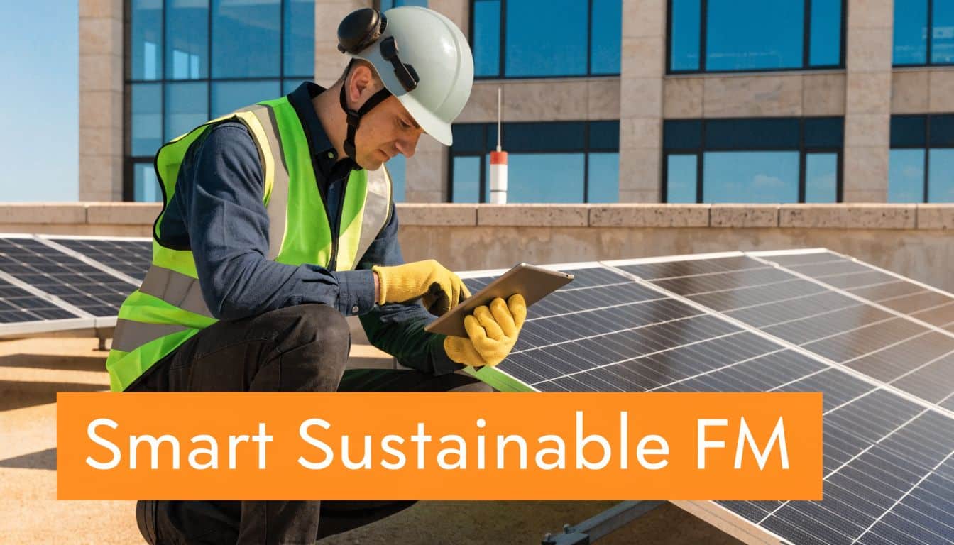 A professional technician wearing safety gear inspects solar panels on a building roof using a digital tablet.