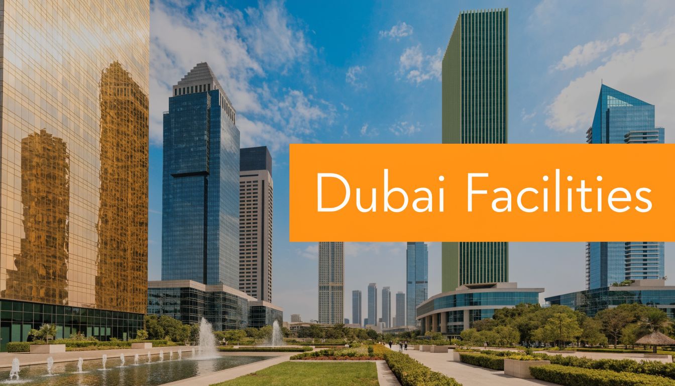 A scenic view of modern skyscrapers and green landscaping in the Business Bay area of Dubai.