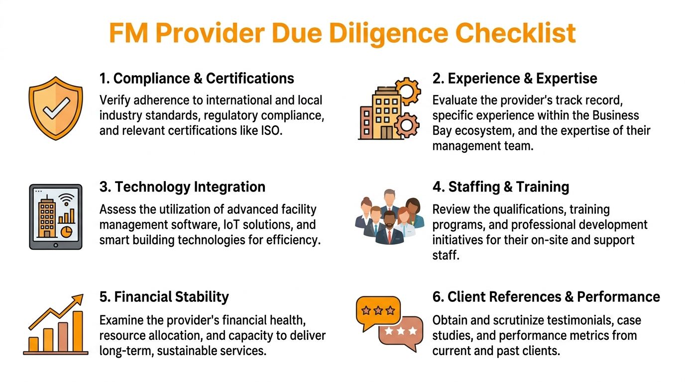 A six-point infographic checklist outlining key criteria for evaluating facility management service providers.