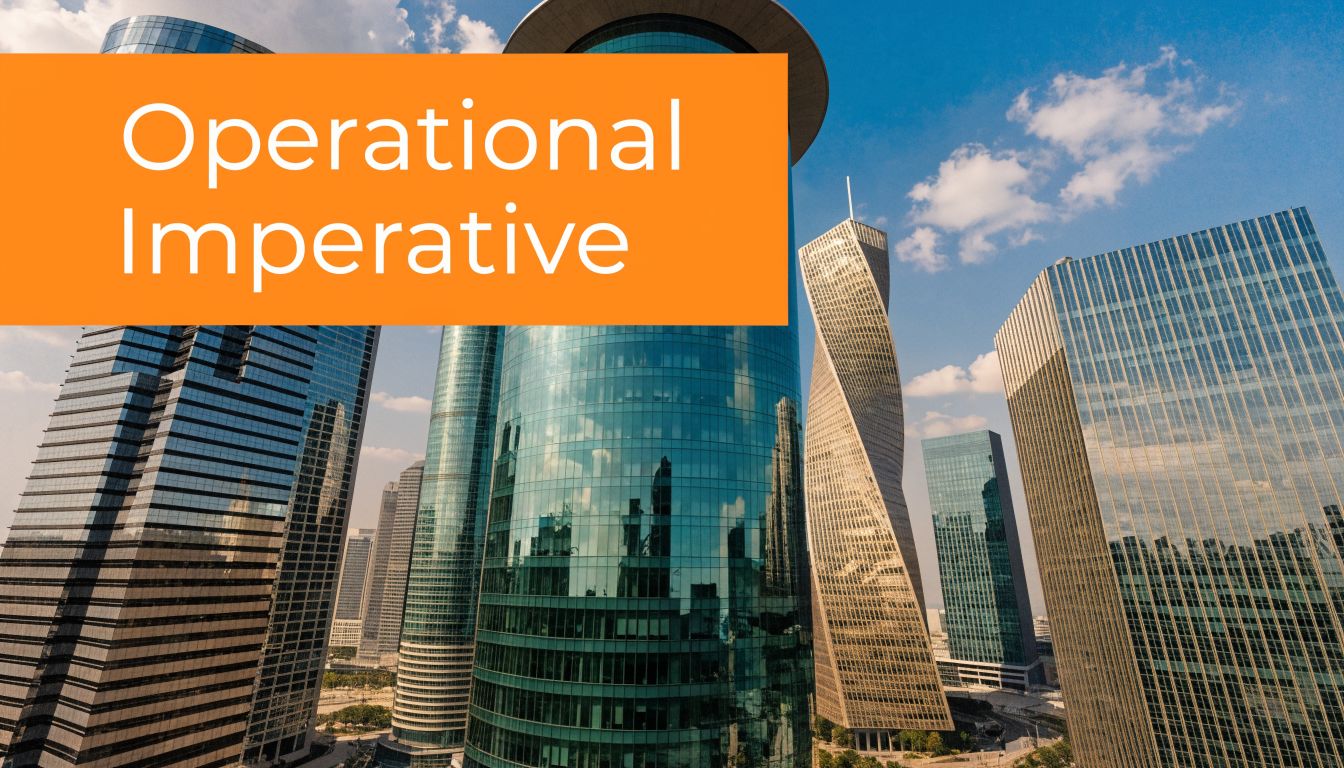 A low-angle view of modern skyscrapers in Business Bay, Dubai with the text Operational Imperative overlaid.