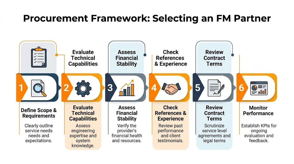 A six-step procurement framework infographic for selecting a facility management partner, detailing the process from defining scope to performance monitoring.