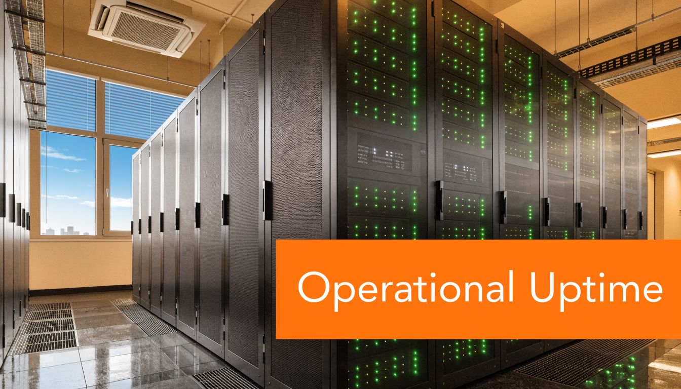 A clean, modern server room facility displaying high-tech server racks with green status lights for operational uptime.