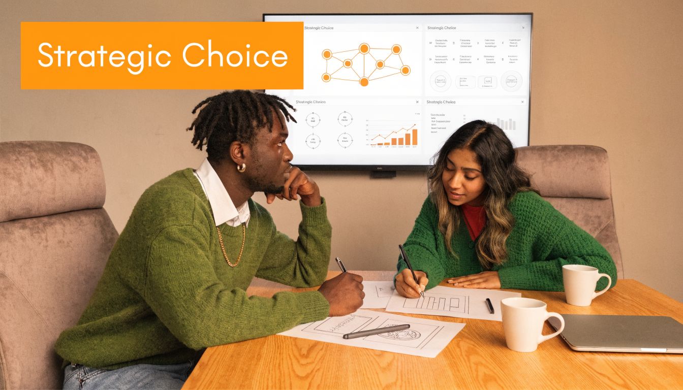 A professional man and woman discussing strategic planning documents in a modern office meeting room.