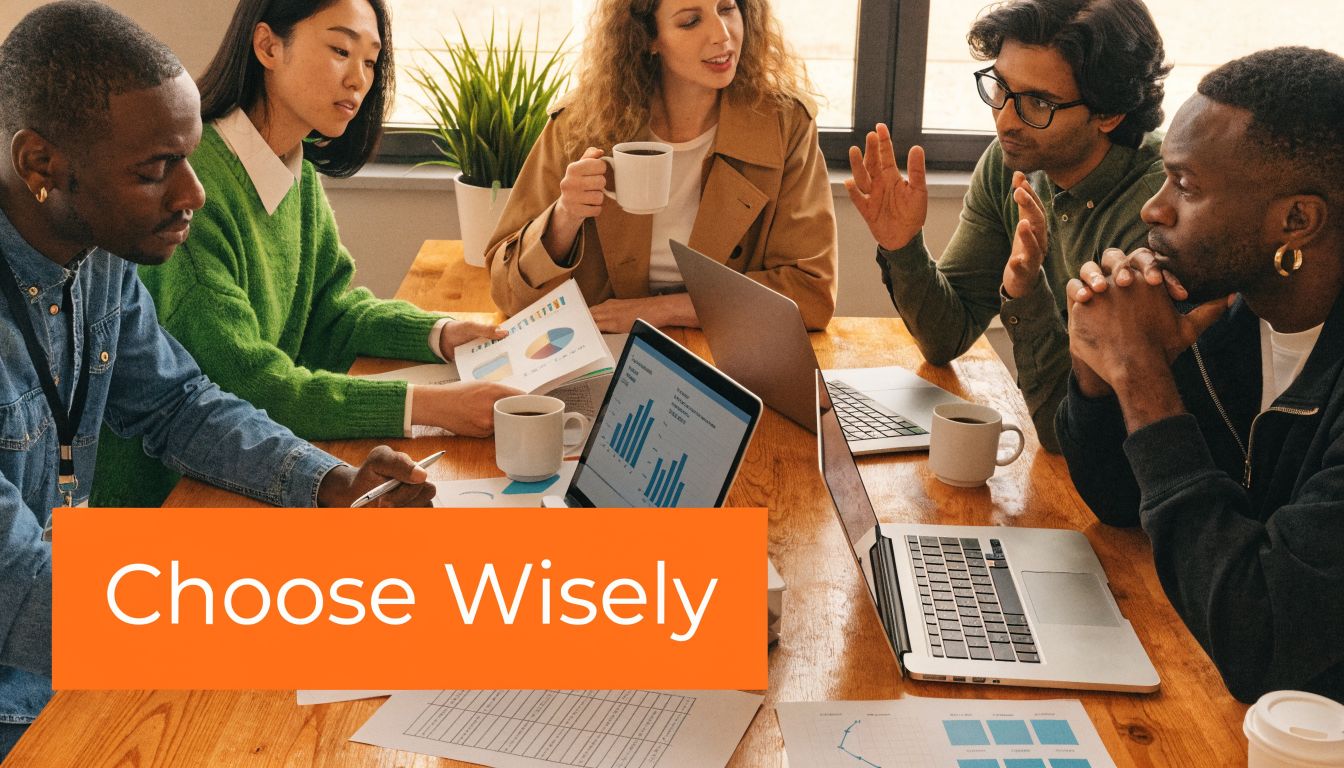 A diverse team of professionals collaborate around a wooden table during a business meeting in an office.