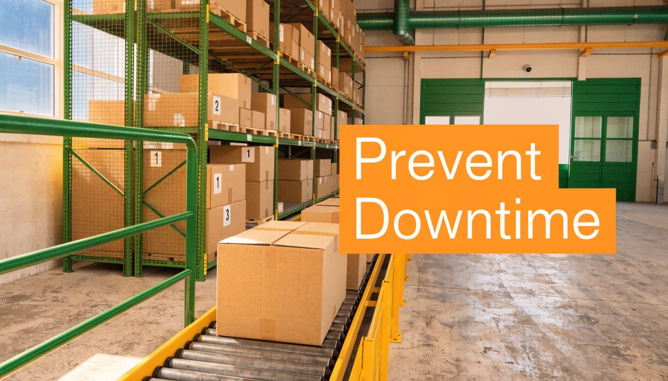 Cardboard boxes moving along a warehouse conveyor belt with industrial shelving units in the background.