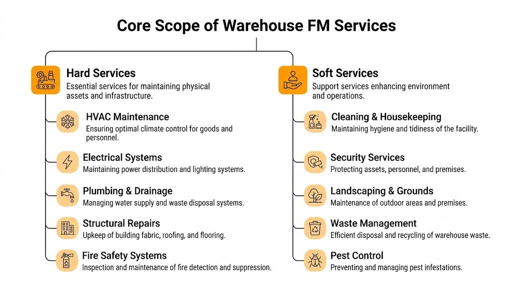 A diagram outlining the core scope of warehouse facility management services, categorized into hard and soft services.