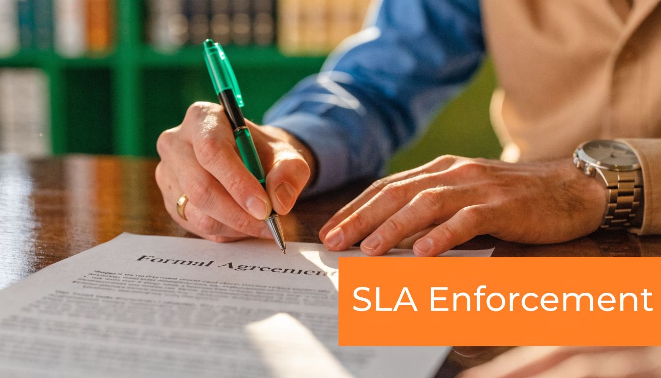 A close-up view of a person signing a formal agreement document representing SLA enforcement in business.