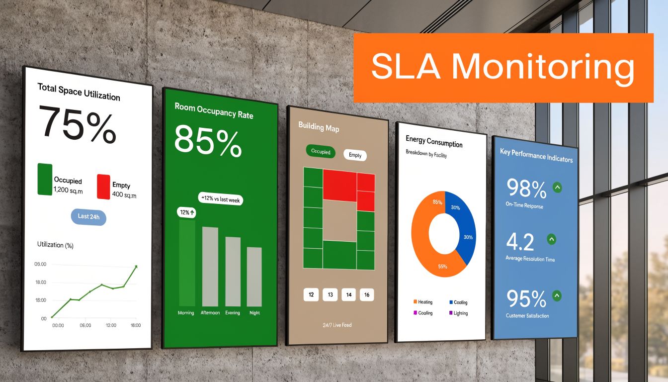 A digital display wall showing facility management data analytics, including space utilization, occupancy rates, and energy consumption metrics.