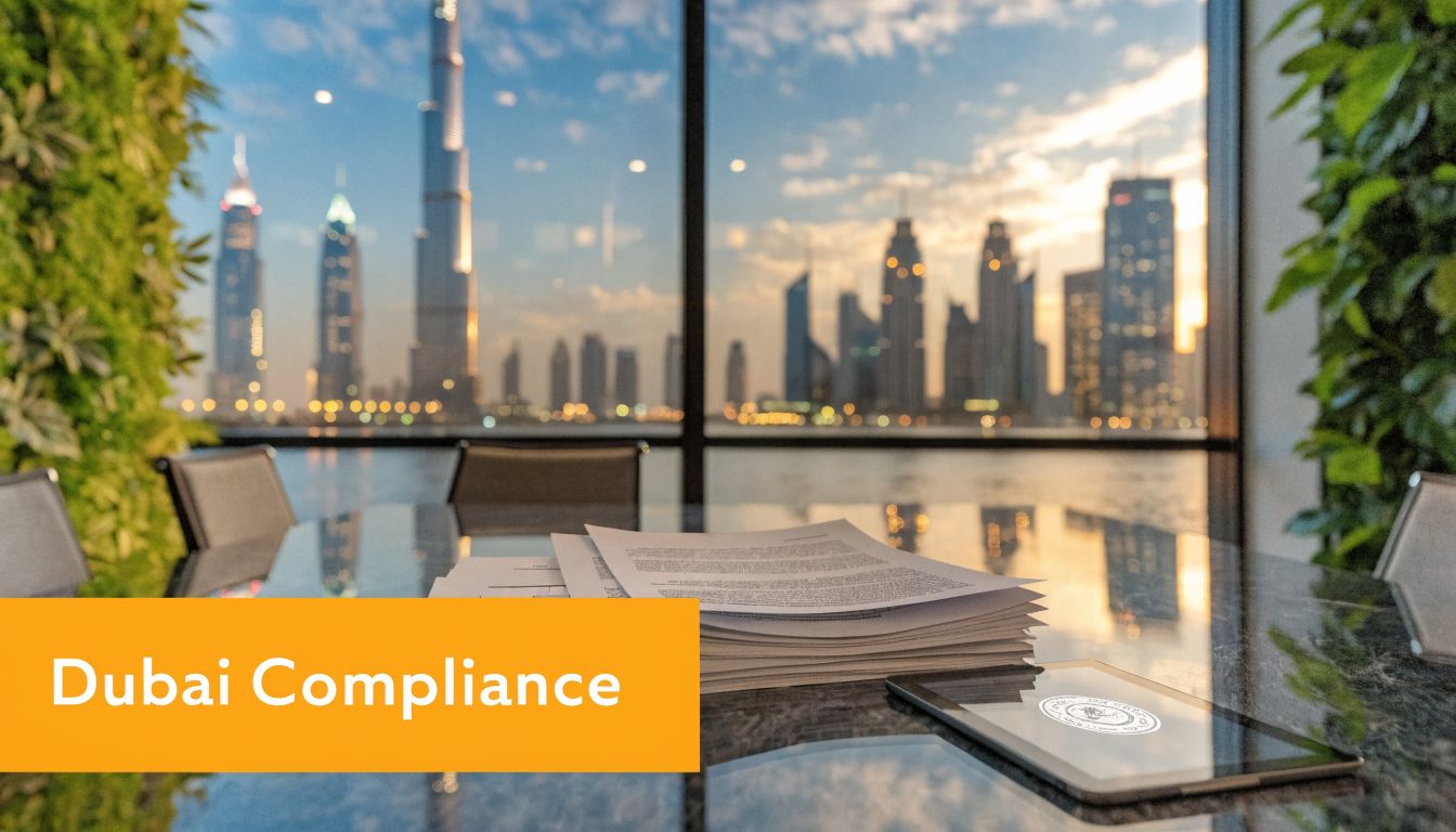 A stack of documents and a tablet on a table overlooking the modern Dubai skyline view.