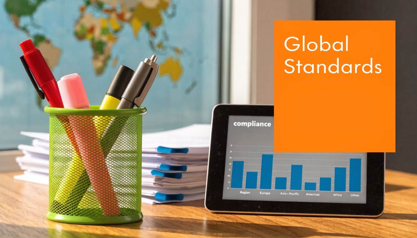 A desk with a green pencil holder, papers, and a tablet displaying a bar graph on compliance.