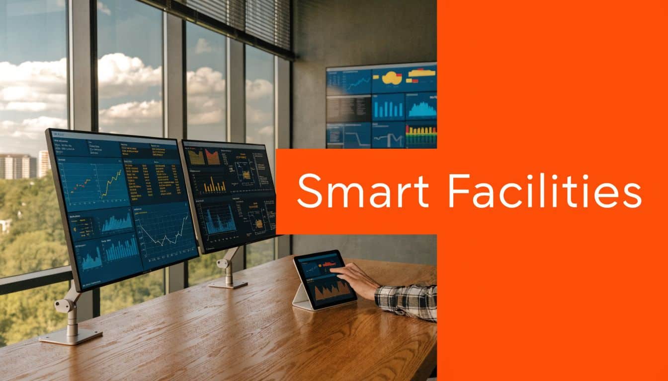 A professional desk with computer monitors and a tablet displaying data analytics for smart facility management.