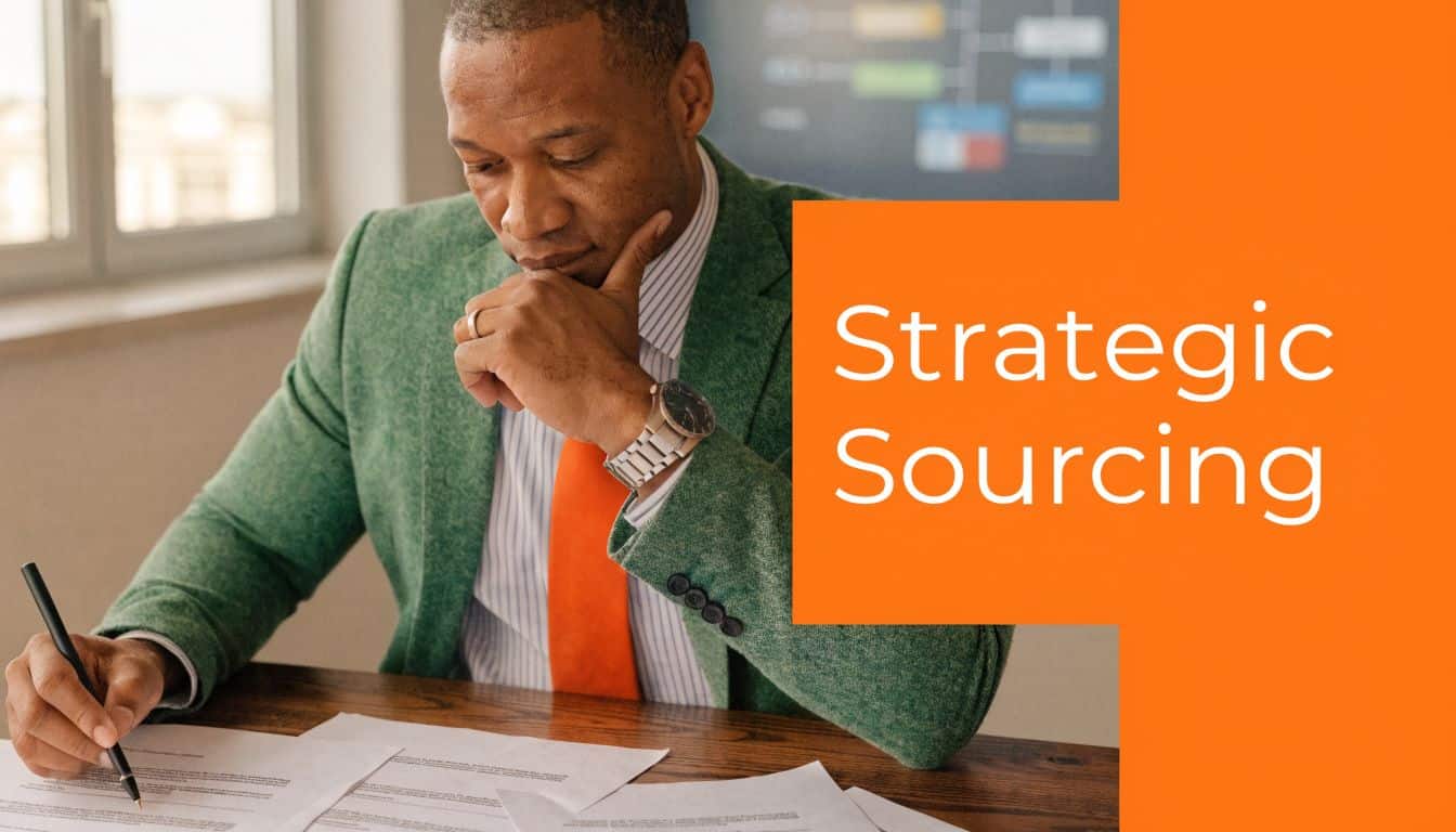 A professional man in a green blazer reviewing documents, with the text Strategic Sourcing overlaid.