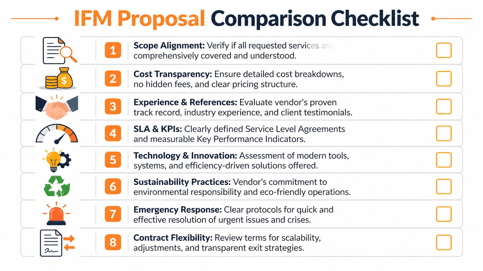 A checklist graphic for evaluating Integrated Facility Management proposals with eight key criteria categories.