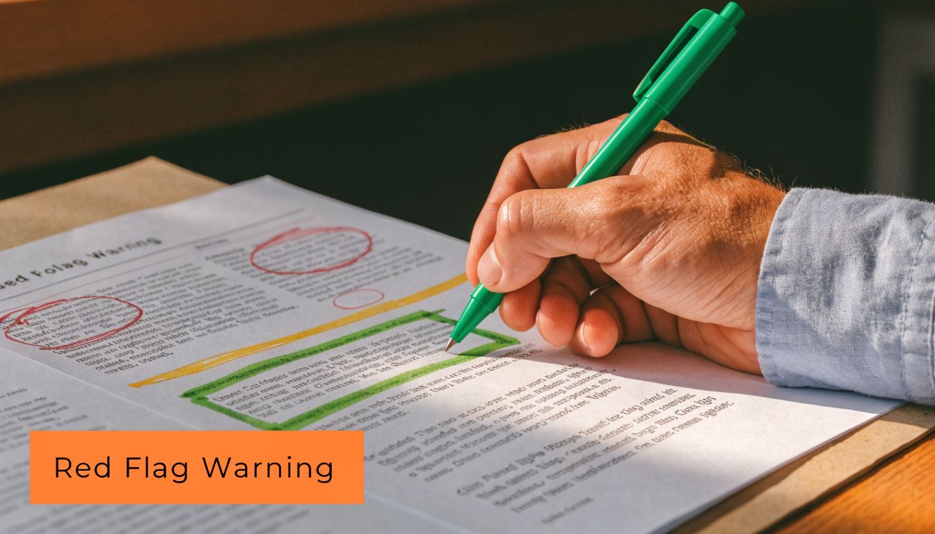 A person using a green marker to highlight text on a document labeled Red Flag Warning.