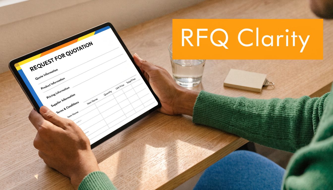 A person holding a tablet displaying a Request for Quotation form in a professional office setting.