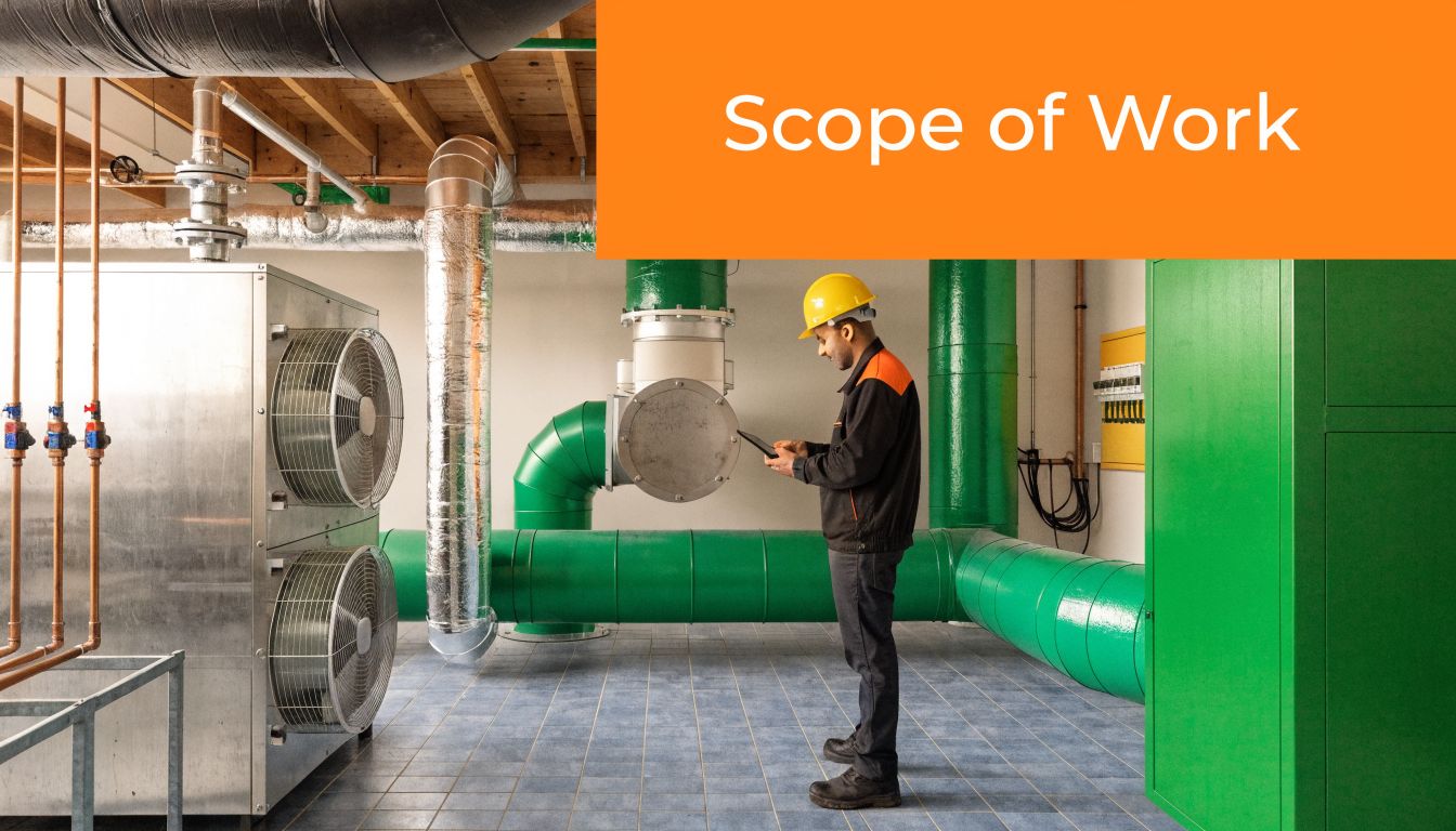 A maintenance technician in a hard hat inspects industrial HVAC machinery in a modern commercial building.