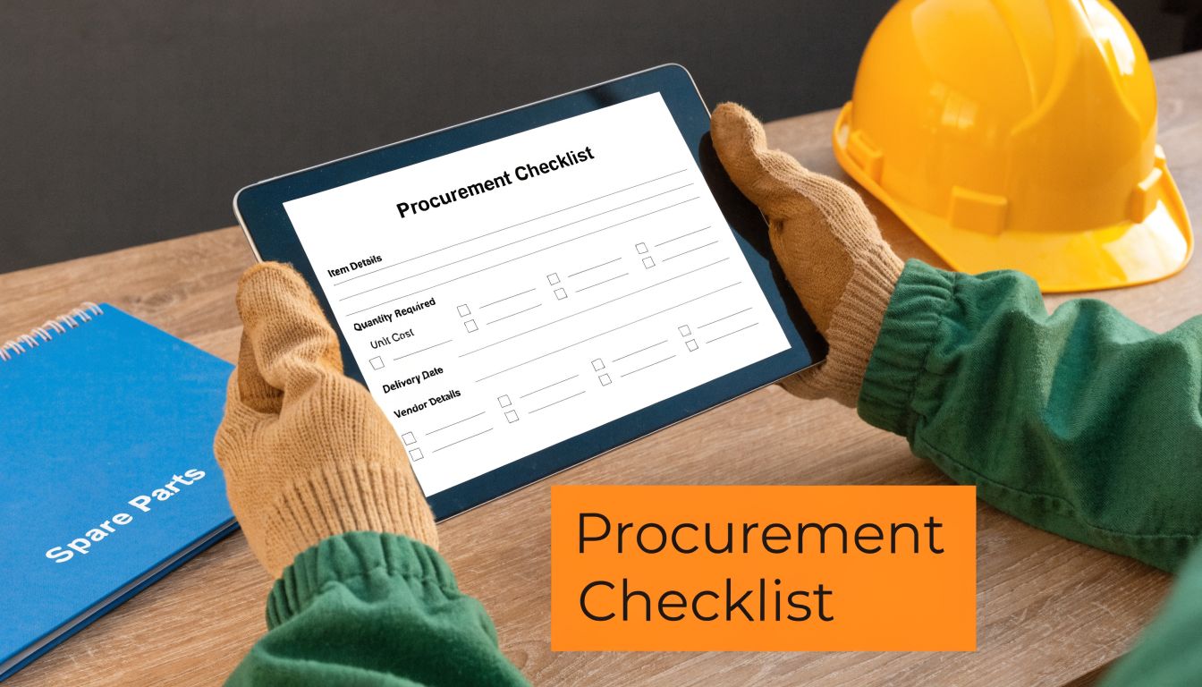 A person in work gloves holding a tablet showing a digital procurement checklist on a wooden table.