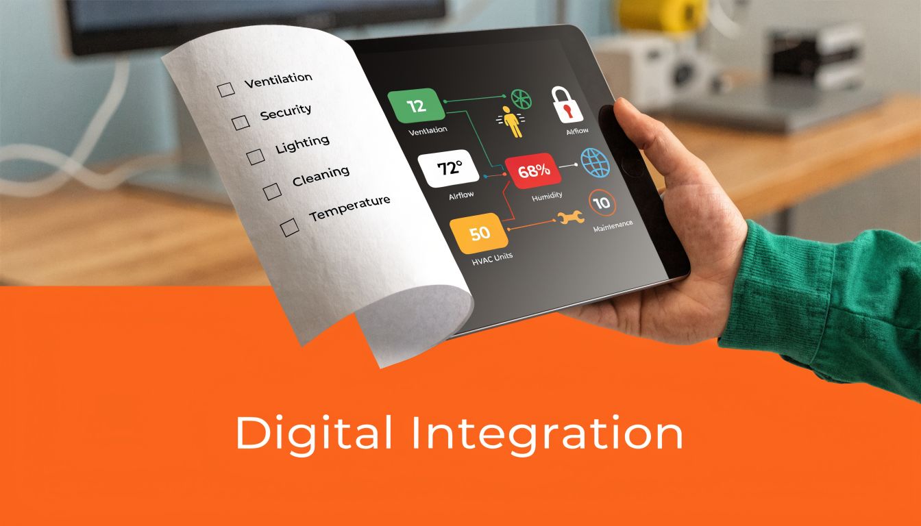 A hand holding a digital tablet displaying smart building control data and a printed checklist page.