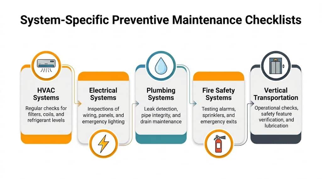 A flowchart showing five preventive maintenance checklists for building systems including HVAC, electrical, plumbing, fire, and elevators.