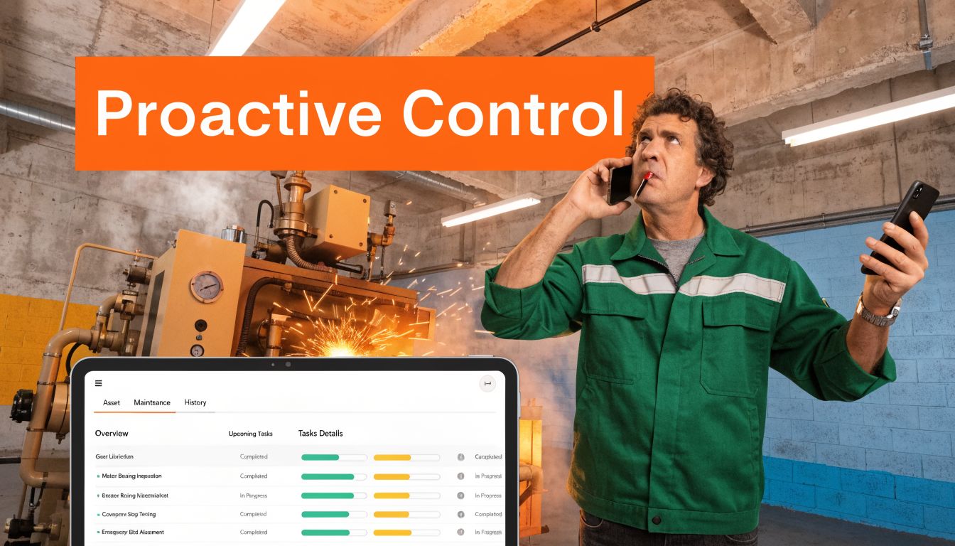 A technician talking on his phone while checking a digital preventive maintenance dashboard near industrial machinery.