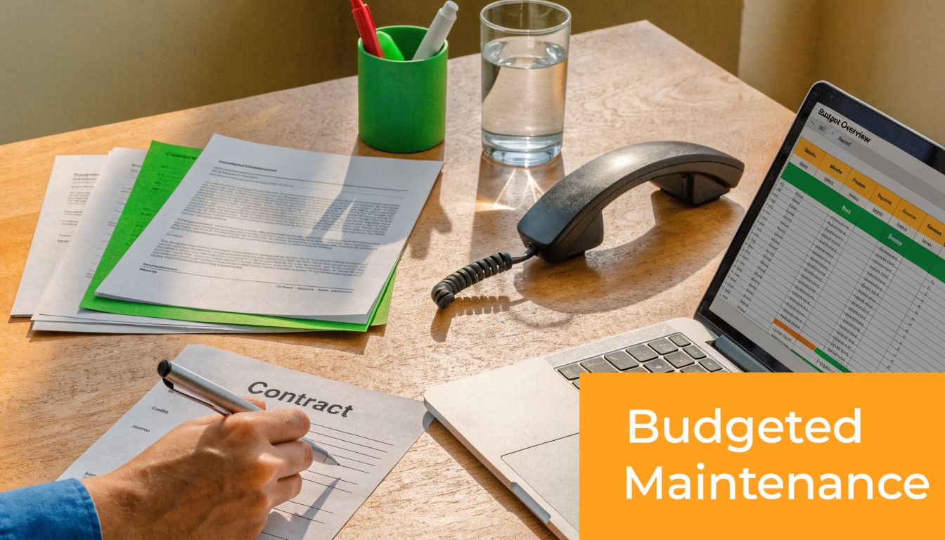 A professional signing a maintenance contract with a laptop displaying budget reports on an office desk.