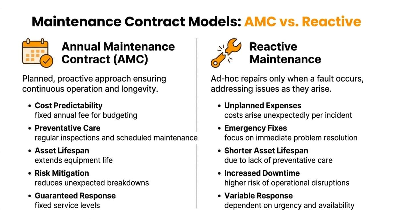 A comparison chart outlining the key differences between Annual Maintenance Contracts and reactive maintenance approaches.